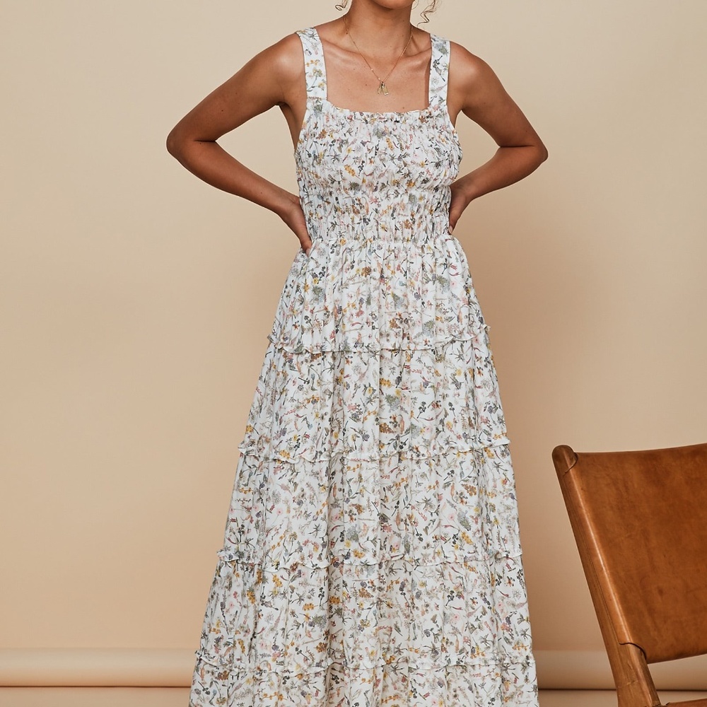 White Floral Maxi Sundress with Smocked Bodice